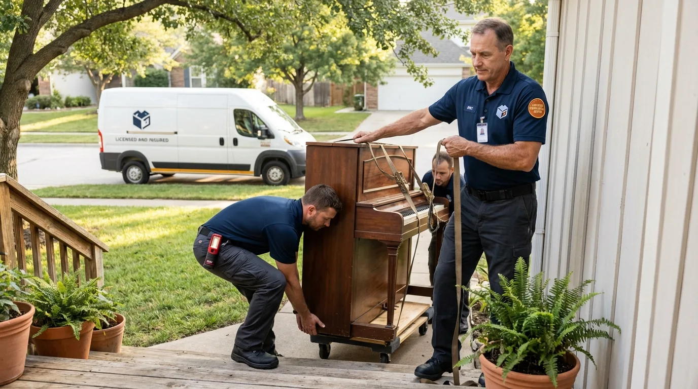 Licensed piano movers securing grand piano in Reading, MI