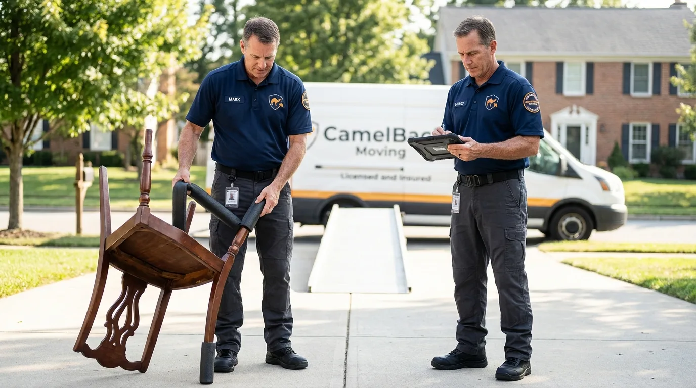 Movers inspecting furniture for damage prevention before loading in Reading, MI