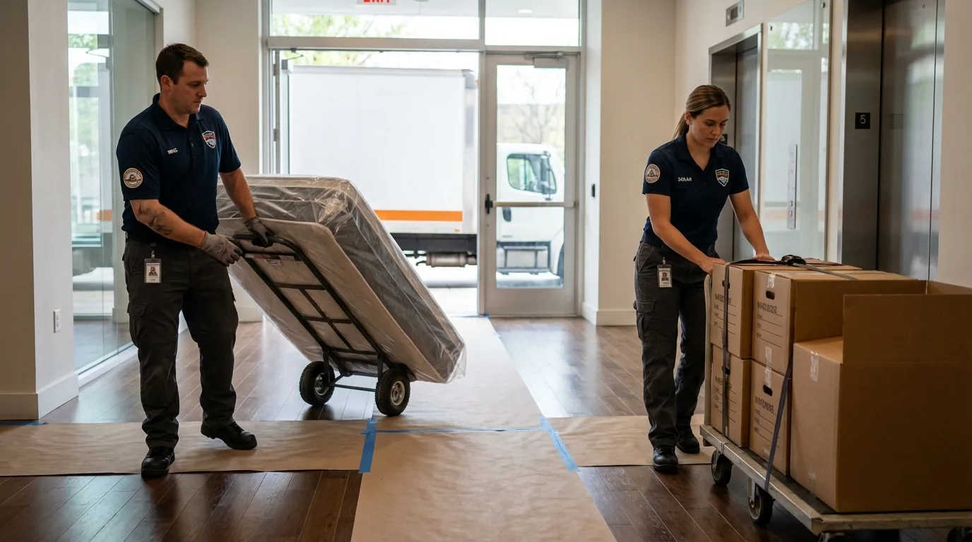 Professional apartment movers loading elevator in Reading, MI