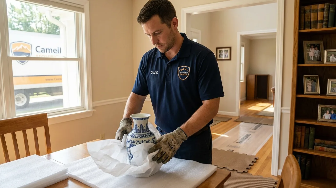 Professional crew carefully wrapping antique vase for senior downsizing move in Reading, MI